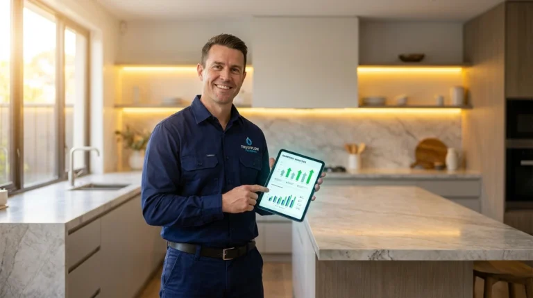 Professional plumber in a modern kitchen reviewing business analytics and dispatch software on a digital tablet.