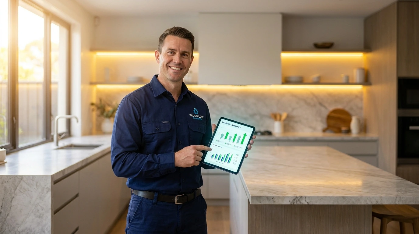 Professional plumber in a modern kitchen reviewing business analytics and dispatch software on a digital tablet.