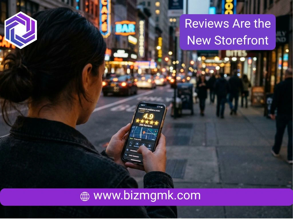 Customer looking at 5-star online Google reviews on a smartphone while walking past local businesses.