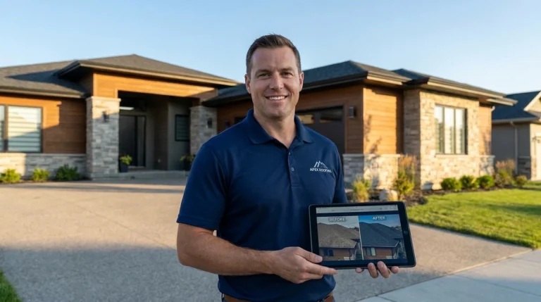 Roofing contractor at a suburban home displaying a before-and-after project gallery on a digital tablet.