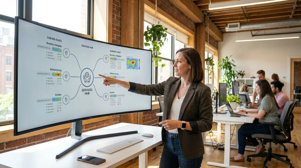 SEO specialist analyzing a local content strategy and suburb-specific website structure on a monitor.