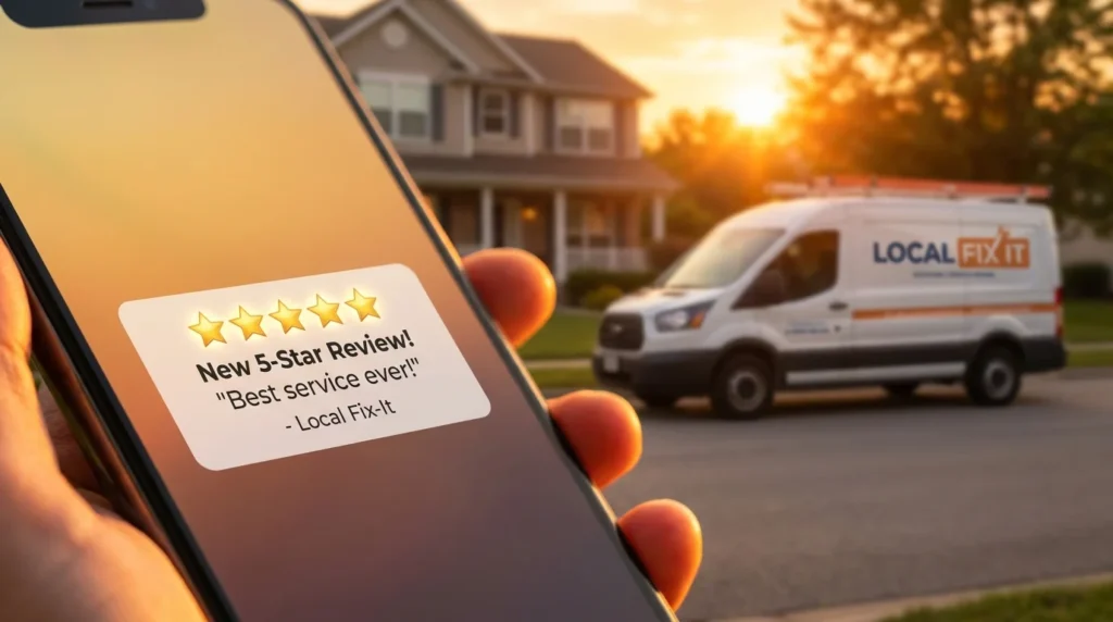 5-star customer review notification popping up on a mobile phone screen for a service business.