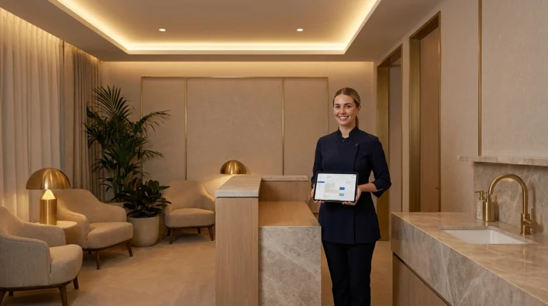 Med spa manager in an elegant reception area checking an online booking calendar on a sleek tablet.
