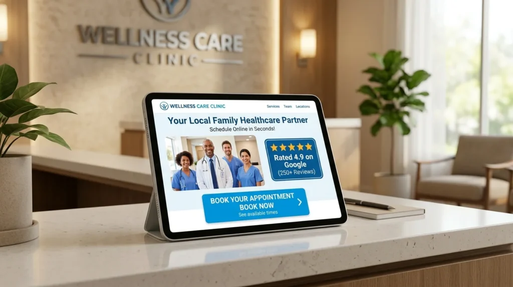 Digital tablet displaying a high-converting local clinic landing page with visible trust signals and reviews.