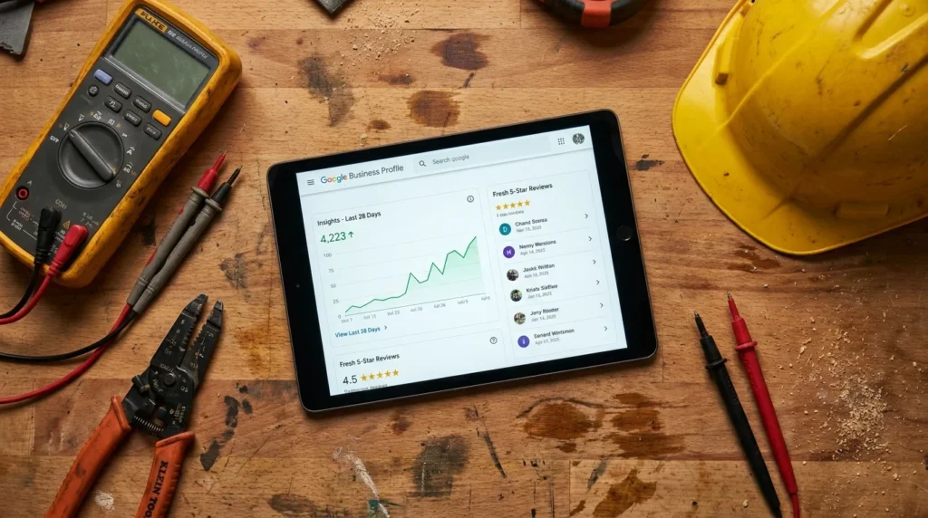 Digital tablet showing an active Google Business Profile dashboard next to electrician tools.