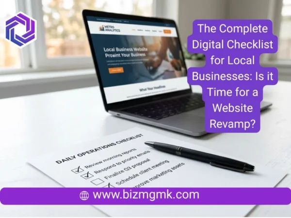 A printed website audit checklist and pen resting on a desk in front of a laptop.