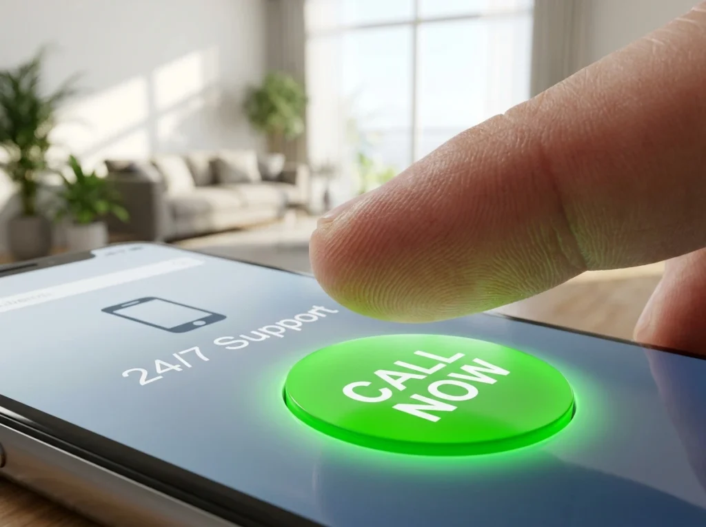 Thumb tapping a large, easily accessible Call Now button on a mobile phone screen.