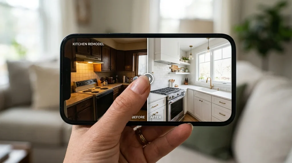 Customer using a smartphone to swipe a before-and-after kitchen renovation slider.