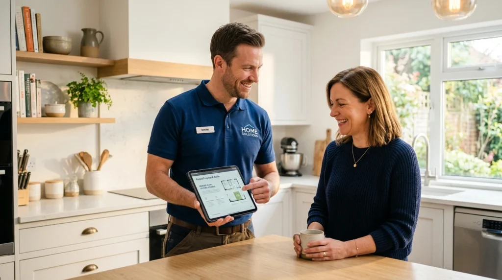 Service professional asking a happy customer for a review using a digital tablet after completing a job.