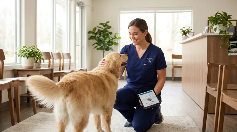 Veterinarian in a clinic petting a Golden Retriever while holding a tablet displaying an online pet portal.