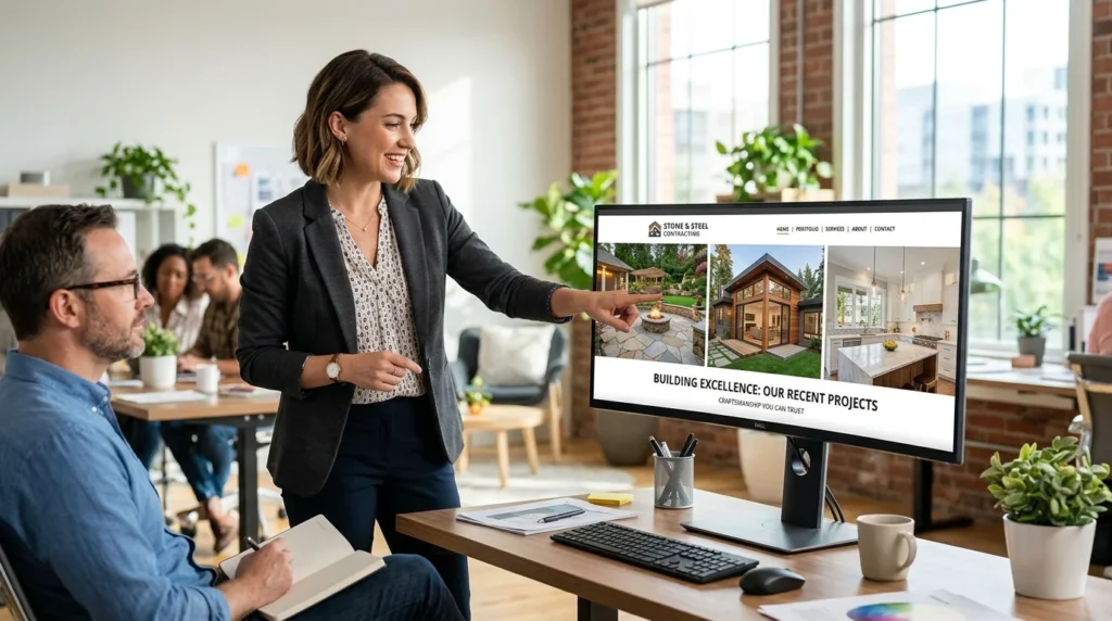 Web designer showcasing a local business website with project photos prominently displayed on the homepage.