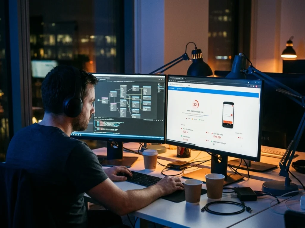 Web developer analyzing a mobile website performance and PageSpeed Insights report on a computer monitor.