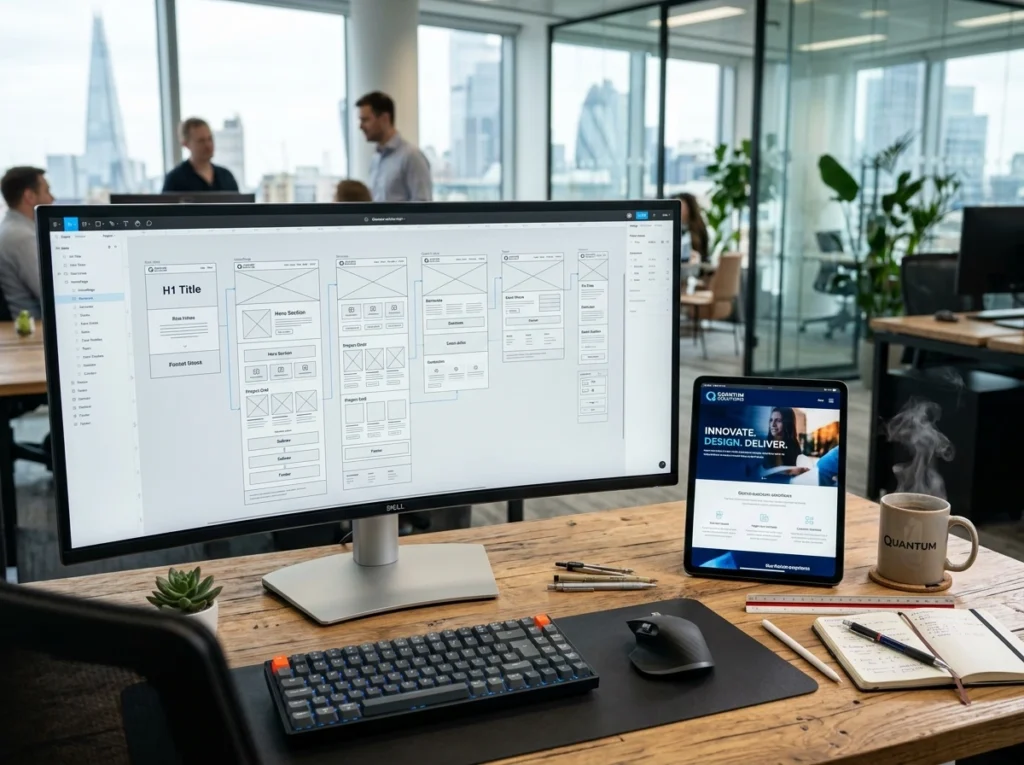 Web developer workspace showing a complete structural wireframe and a new mobile responsive design on a tablet.