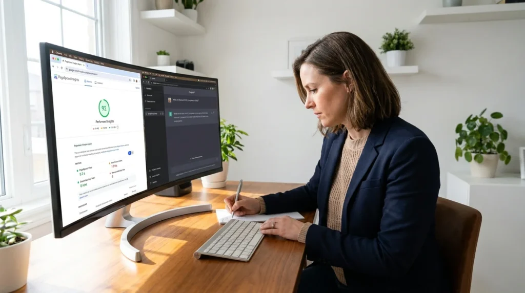 business owner using Google PageSpeed Insights and Rich Results Test to audit website