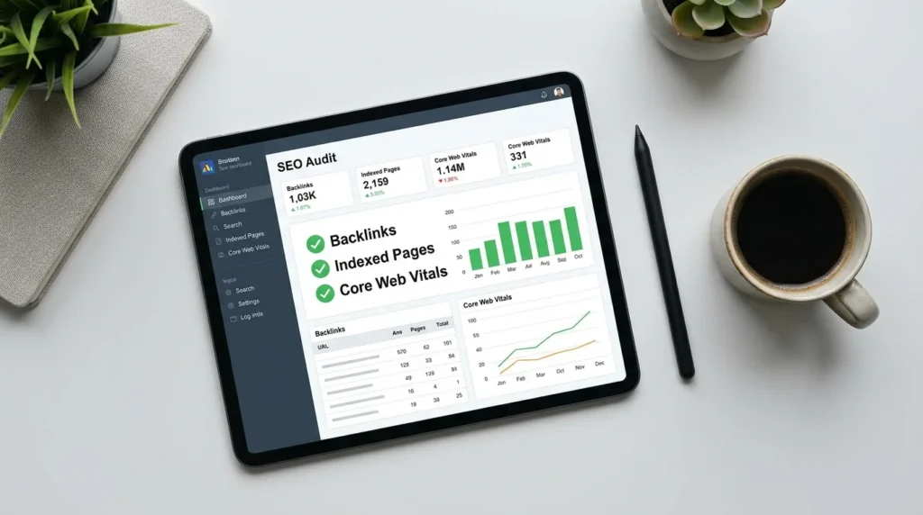 Digital tablet displaying a comprehensive website pre-migration SEO audit dashboard.