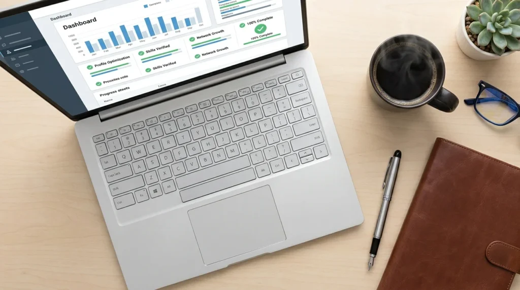 Laptop screen showing a 100% complete and optimized Google Business Profile dashboard.