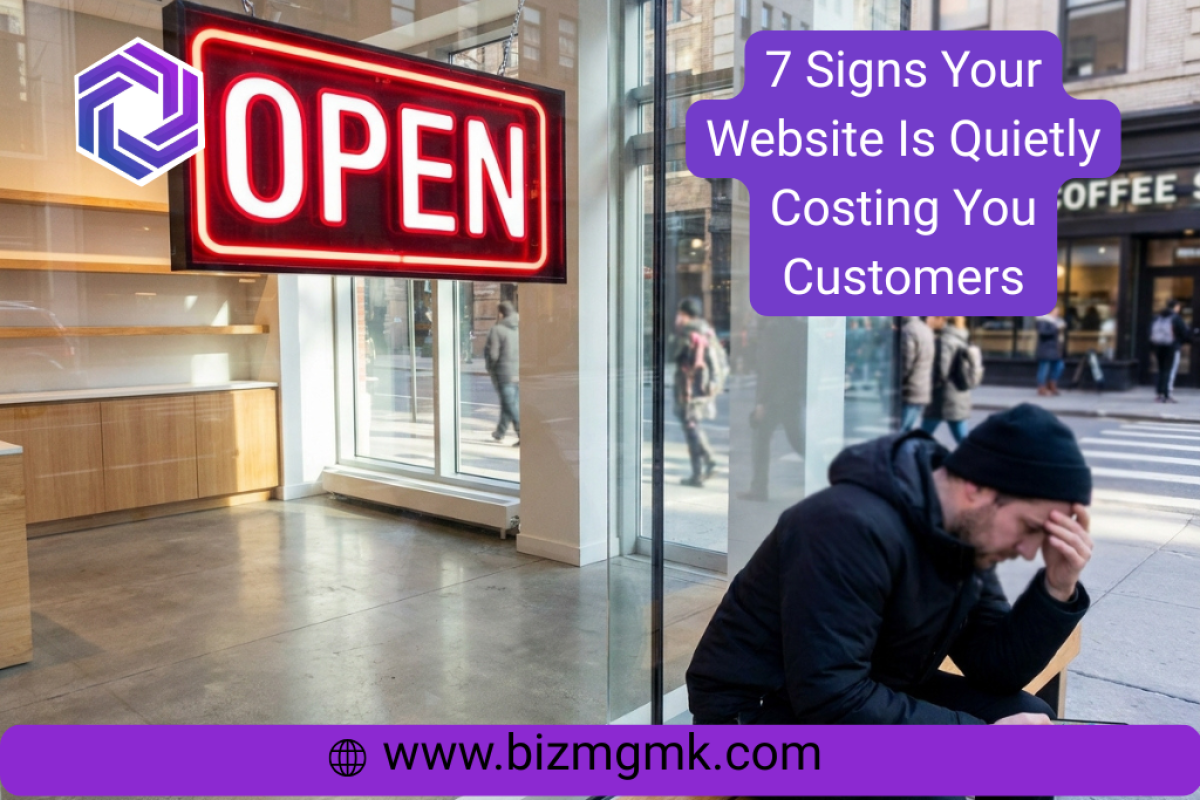 Frustrated customer looking at a poorly designed local business website on a smartphone outside a storefront.