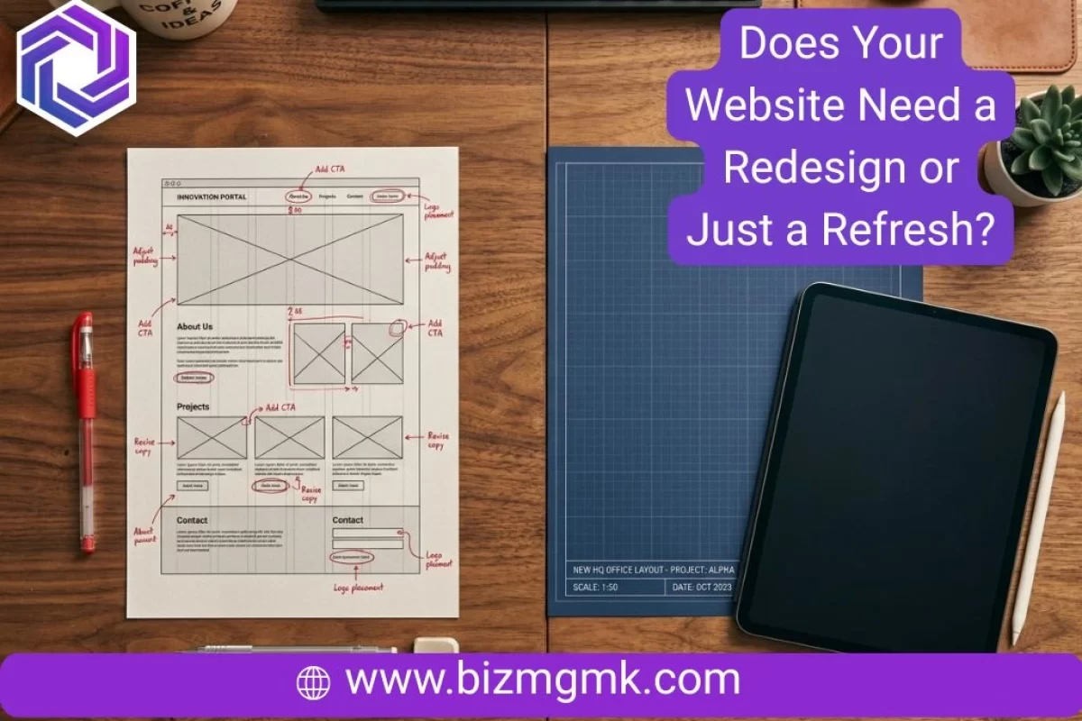Desk conceptually split between editing an old website wireframe and starting a fresh digital blueprint.