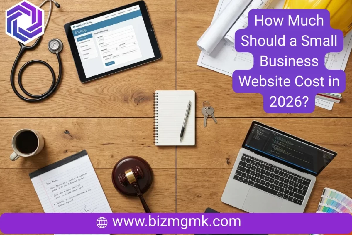 Various small business tools and digital tablets representing different industry website needs