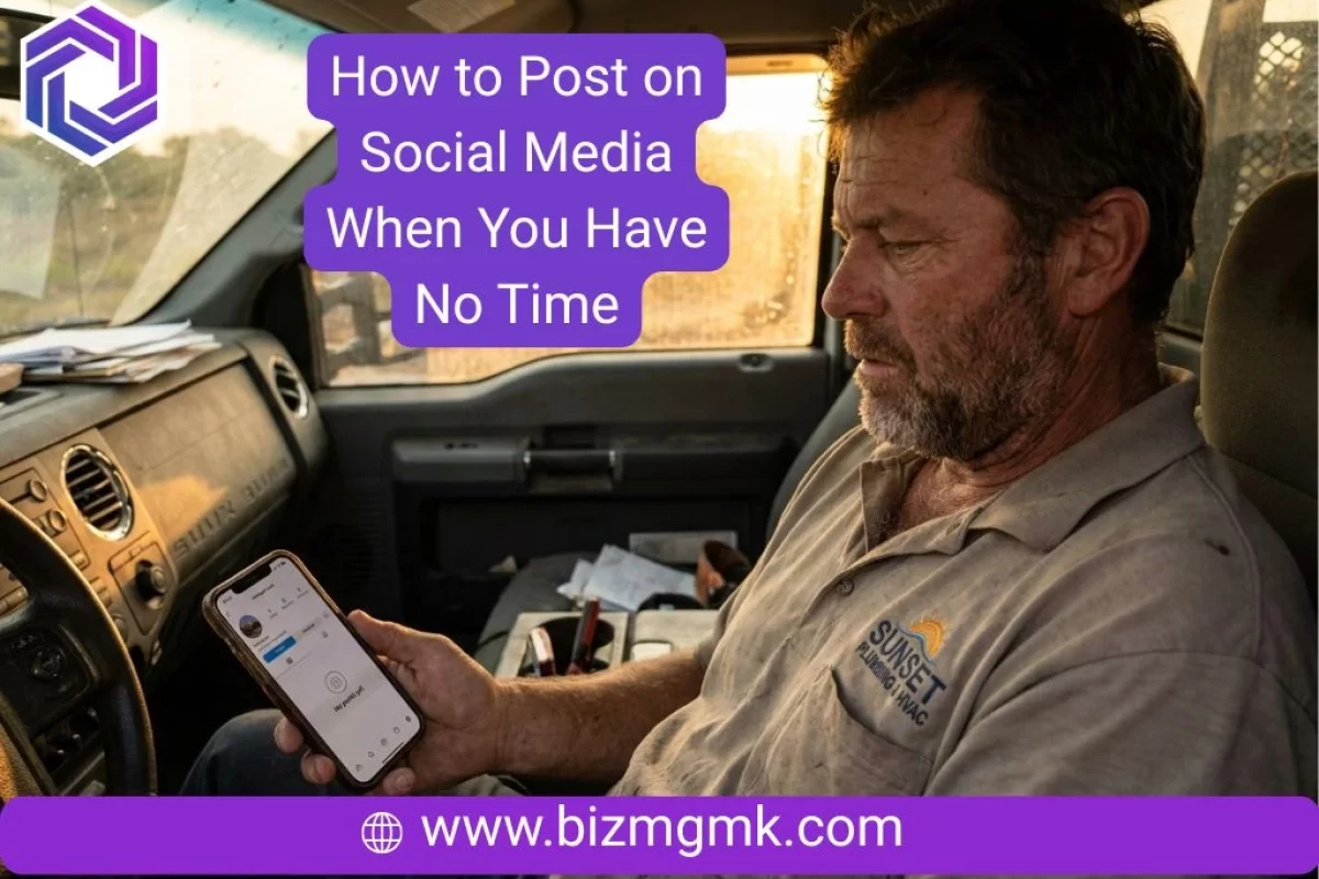 Local business owner sitting in a work truck looking stressed at an empty social media profile on a smartphone.