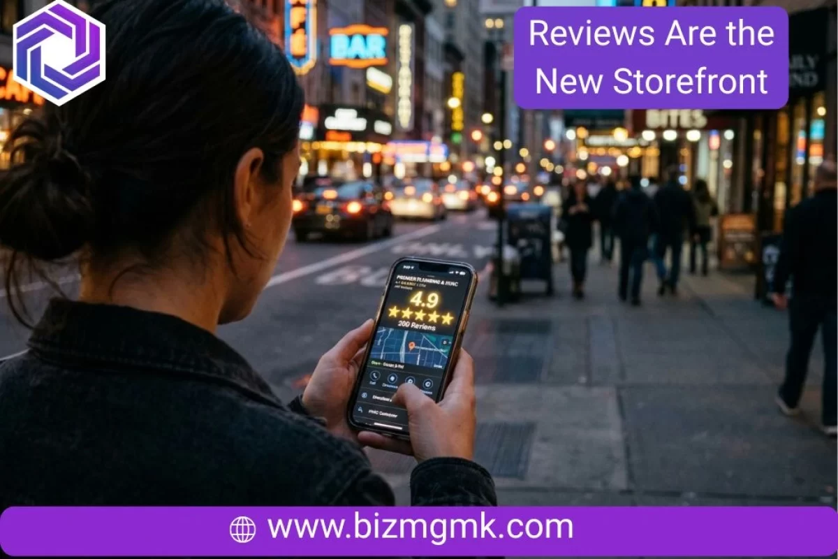 Customer looking at 5-star online Google reviews on a smartphone while walking past local businesses.