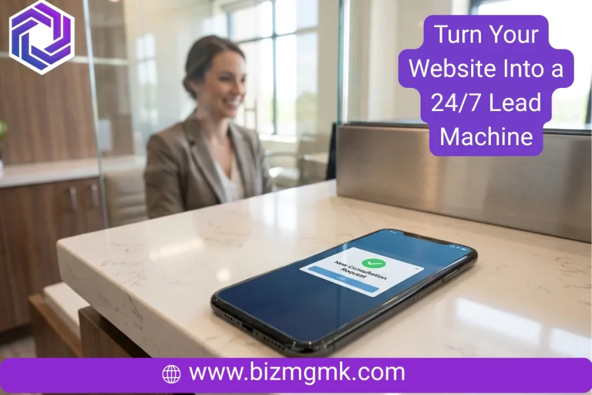 Smartphone on a reception desk displaying a new client consultation request notification.