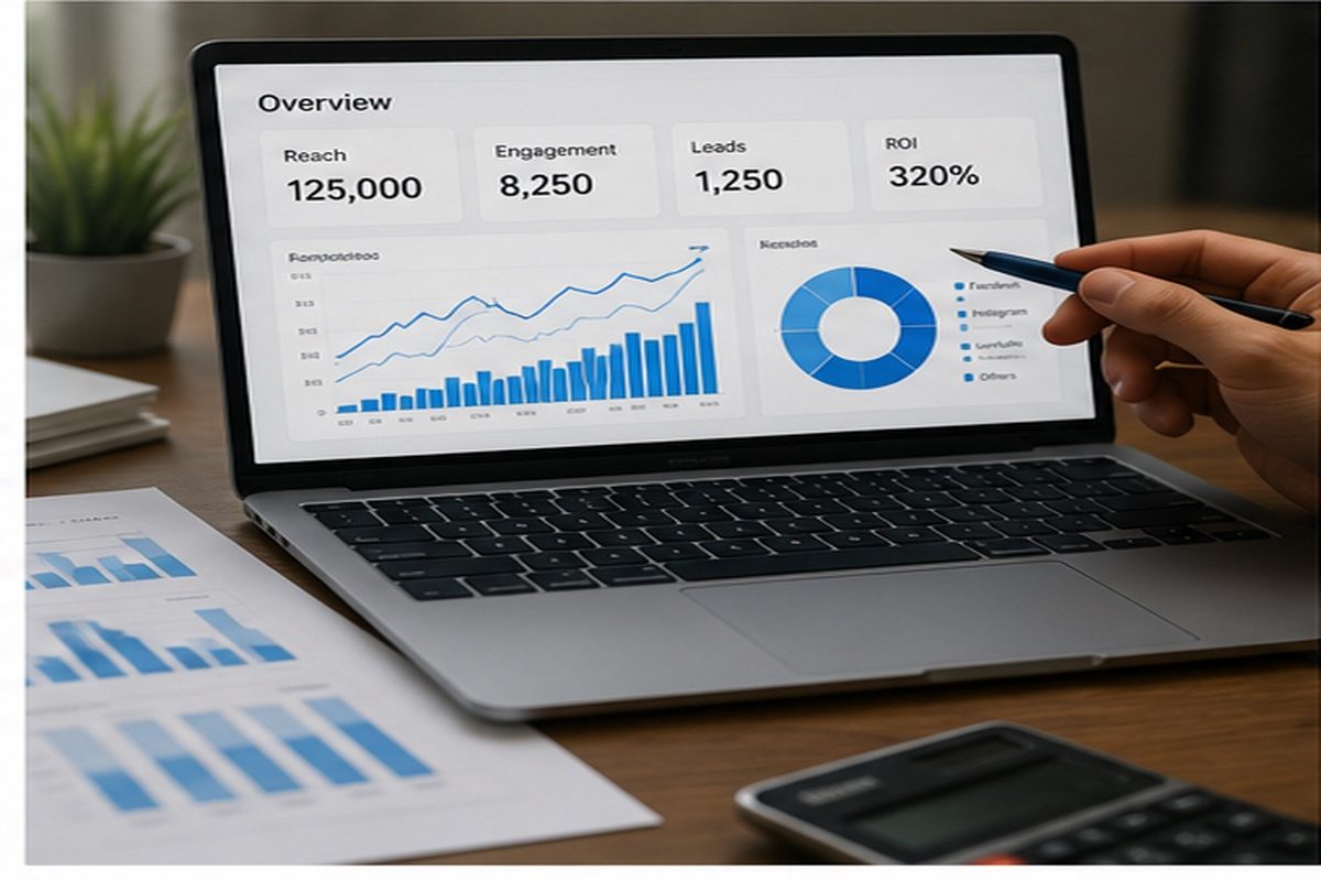 Marketing analytics dashboard on laptop showing campaign performance metrics including reach of 125000, engagement of 8250, leads of 1250, and ROI of 320 percent with bar charts and trend graphs