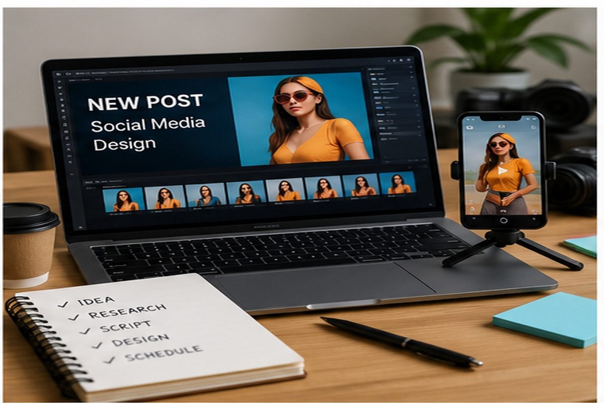 Content creator working on social media post design on laptop with phone showing video content and a notebook with content workflow checklist including idea, research, script, design, and schedule steps