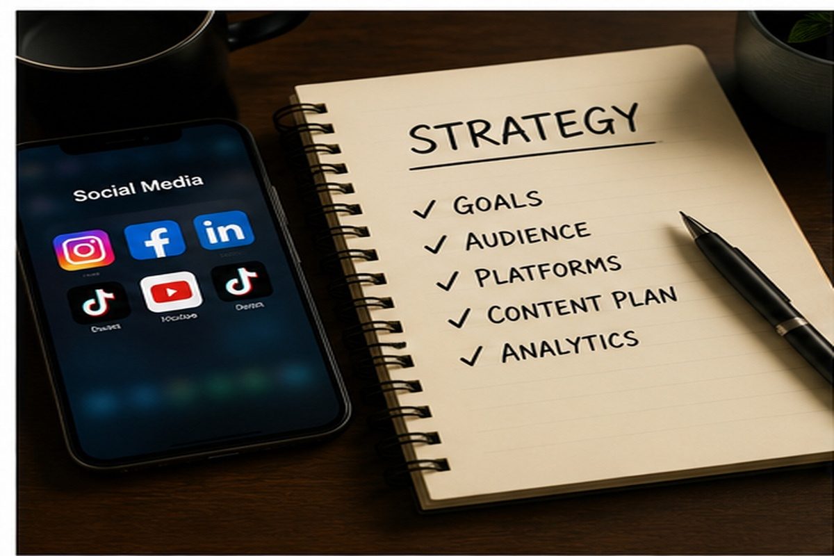 Social media strategy checklist with Instagram, Facebook, LinkedIn, TikTok and YouTube icons on a smartphone beside a notebook showing goals, audience, platforms, content plan, and analytics