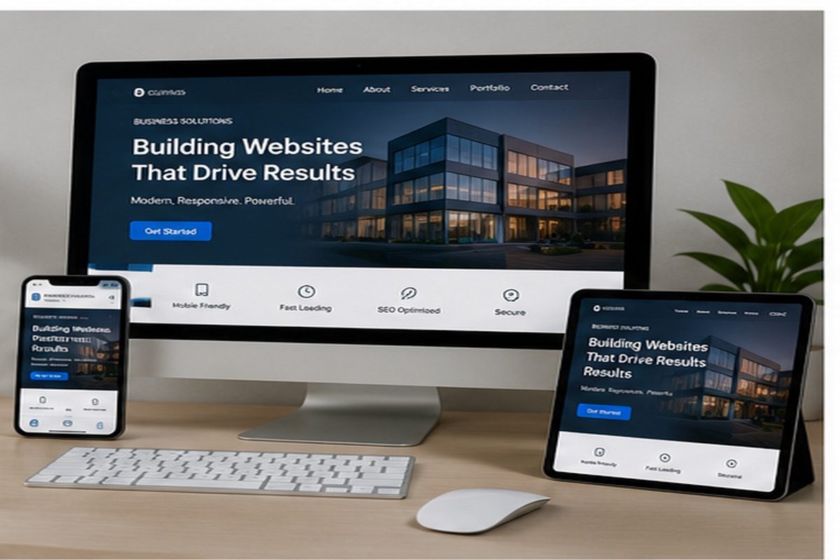 Professional business website displayed on desktop monitor, laptop, tablet, and smartphone showing a modern responsive design with the headline Building Websites That Drive Results